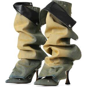 🆕Women Yellow Knee High Stiletto Pointed Toe High Heels Wide Calf Slouchy Boots